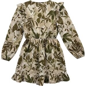 Doe and Rae Botanical Leaf Print Smocked Mini Dress Green Tan Small